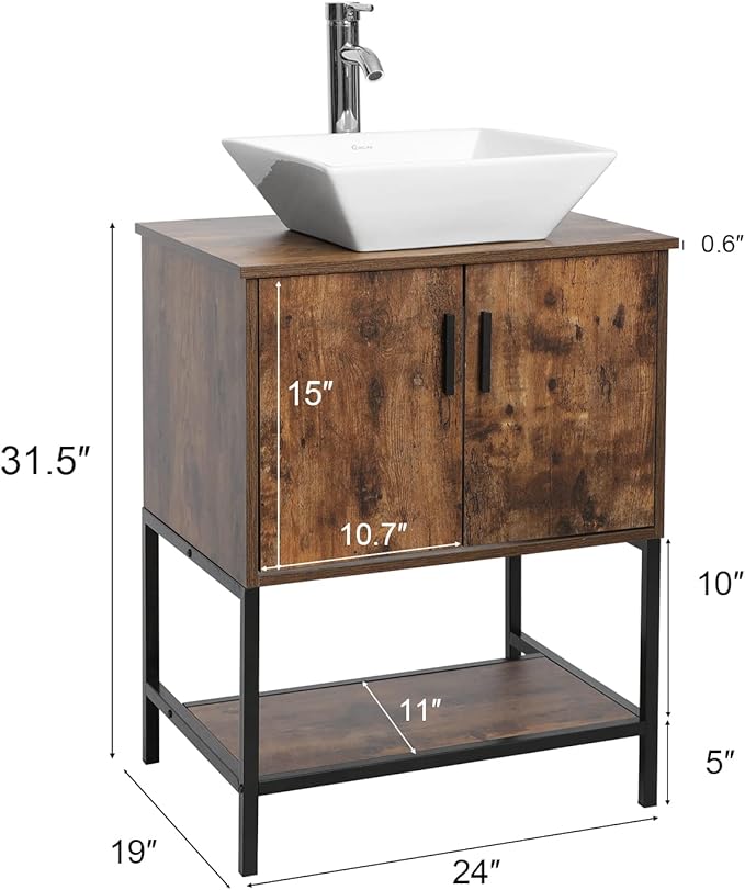 eclife 24" Bathroom Vanity Sink Combo Cabinet Modern Stand Pedestal Square White Ceramic Vessel Sink W/Chrome Bathroom Solid Brass Faucet & Pop Up Drain (A07 B16BR)