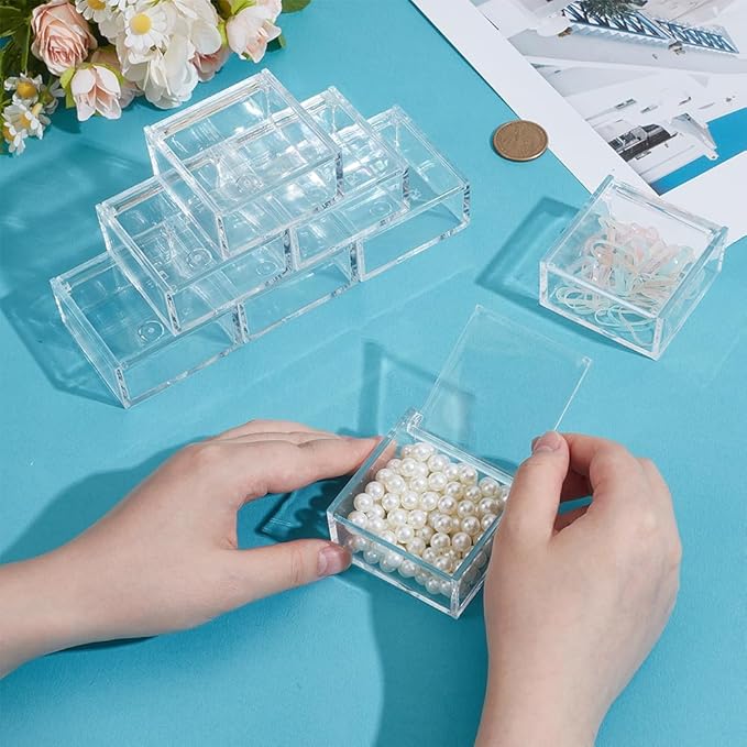 BENECREAT 8Pcs Clear Acrylic Box with Hinged Lid, 2.36x2.36x1.18 Inch Multi-Purpose Square Container Small Storage Box for Staples, Adhesive Tape, Paper Clips, Stamps, Sticky Notes