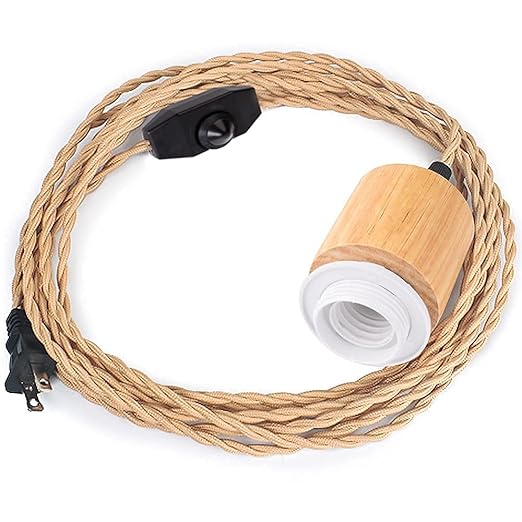 Arturesthome 16.4FT- Wood Pendant Light Cord Kit with Dimmable Switch,Vintage Industrial Hanging Plug in Lamp Cord with Twisted Nylon Rope Socket E26 E27 for Farmhouse Lamp Cable Retro DIY