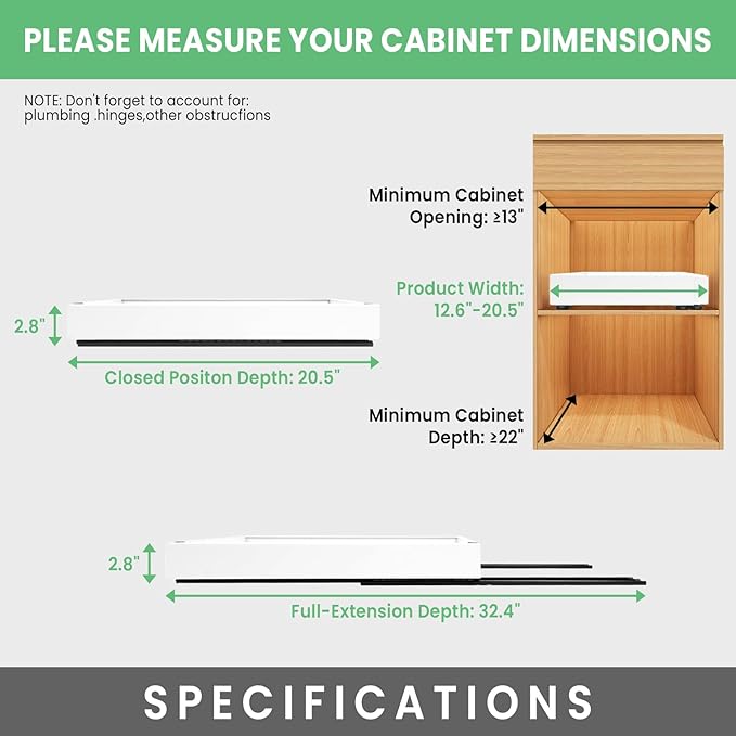 2 Pack Expandable Pull Out Cabinet Organizer, 21" Depth, for Kitchen Cabinets, Upgrade 3 Slide Slide-Out Drawers, Adjustable Width 12.05" - 20.5", White