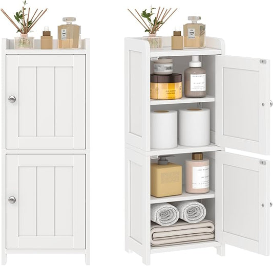Small Bathroom Storage Cabinet, 30" Tall Freestanding Corner Floor Cabinet with 2 Doors & 5 Shelves (2 Adjustable), Narrow Toilet Paper Holder Organizer for Small Spaces, White