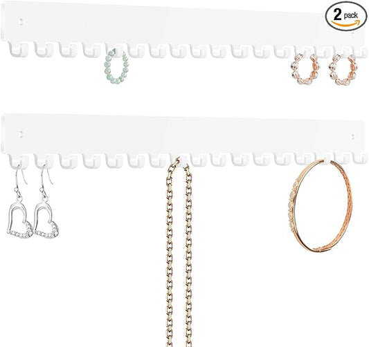 Acrylic Necklace Holder 2 Pack Wall Mounted Necklace Organizer Hanging Jewelry Organizer with 17 Hooks for Necklaces, Bracelets, Rings and Bangles Display (14.17 inch，White)