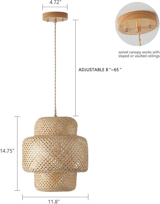 Bamboo Pendant Light Fixture One-Light Adjustable Boho Basket Handmade Woven Pendant Lighting for Kitchen Island Hallway Farmhouse Dining Room