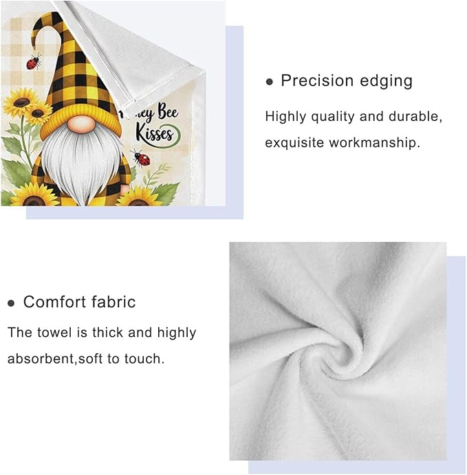 Gnome Sunflower Flowers Towels Set of 3 Bee Plaid Spring Bathroom Towel Soft Absorbent Bath Hand Towels Washcloth Guest Towel Sets Bathroom Decorations