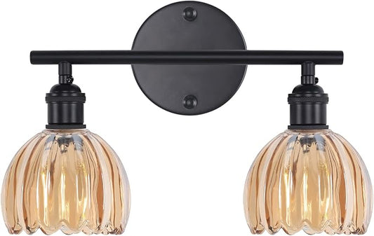 Bathroom Light Fixtures, 2-Light Black Vanity Wall Light Over Mirror with Amber Tulip Glass Shade for Bedroom Living Room (Bulb Not Included)