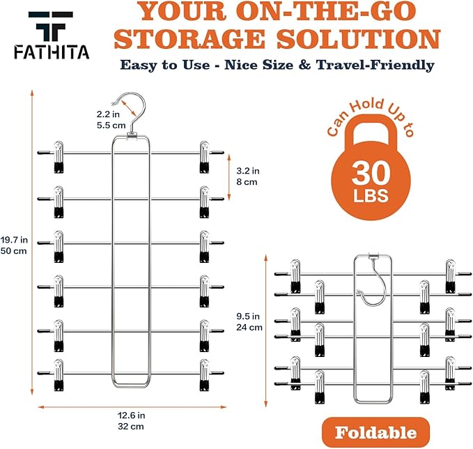 6-Tier Space Saving Pants Hangers with Clips, Multi-Functional Skirt & Jean Organizer for Small Closets, Dorm Room Essentials, 2 Pack Metal Clothes Storage