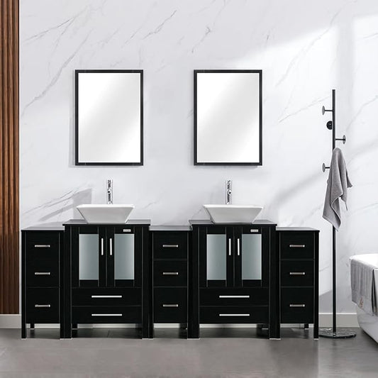 eclife 84" Modern Bathroom Vanity Sink Combo Freestanding Cabinet with Small Side Cabinet, White Square Ceramic Vessel Sink, Water Save Faucet, Drain (Black+A07)