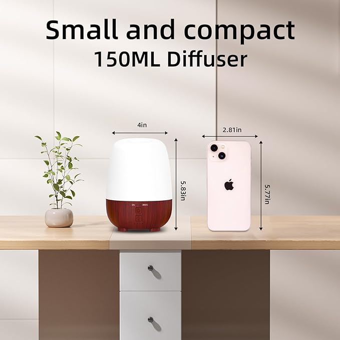 Cordless Essential Oil Diffuser, 150ml Rechargeable Battery-Operated Quiet Aromatherapy Diffuser with 7-Hour Runtime, 7-Color LED Light & 2 Timer Settings for Bedroom, Living Room, Bathroom