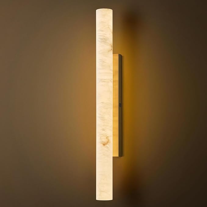 Natural Alabaster Wall Sconces, 36" Large Bronze Wall Sconce, Modern Gold LED Sconce, Cylinder Spanish Marble Sconces Perfect for Living Room, Bedroom, Hallway, Stairs