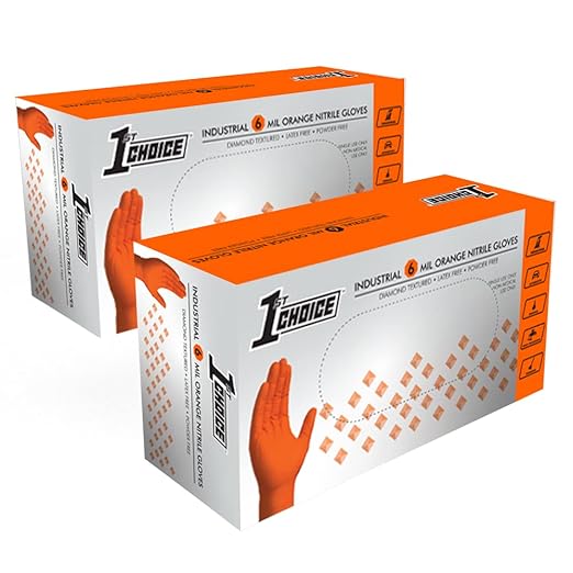 1st Choice 6 mil Orange Gloves, Disposable, Latex Free, Raised Diamond Grip, Mechanic Glove for Men, Large, 2 Boxes of 100