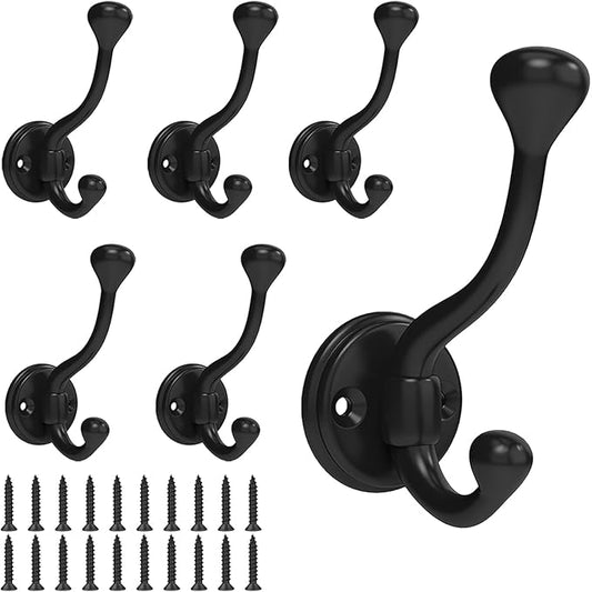 6 Pack Wall Hooks for Hanging, Heavy Duty Coat Hook Wall Mount, Easy to Install Metal Closet Hooks, Apply to Bathrooms, Bedrooms, Living Rooms, Entrances (Black)