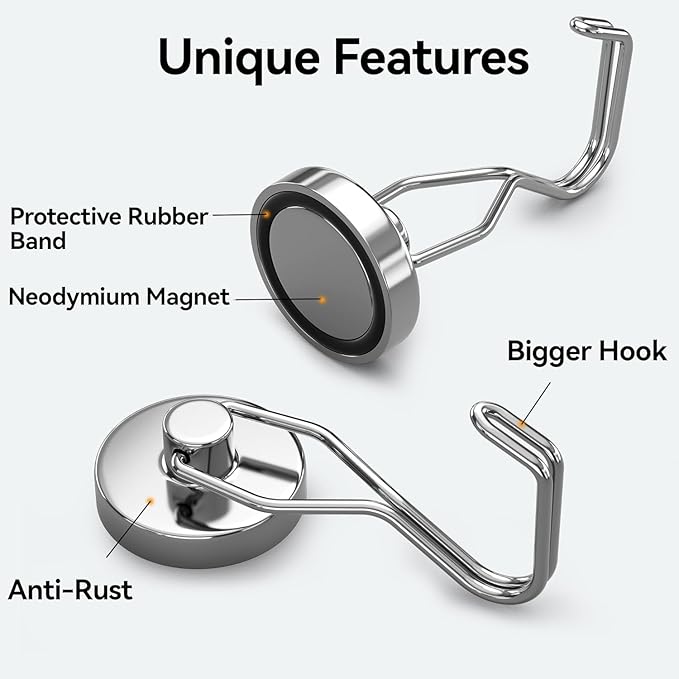 Tohoer Magnetic Hooks, 100LBS Neodymium Magnets Hook Heavy Duty with Rust Proof for Fridge, Refrigerator, Oven, Grill, BBQ, Key, Tools Holder, Kitchen, Outdoor, Hanging Wreaths, Utensil Hangers