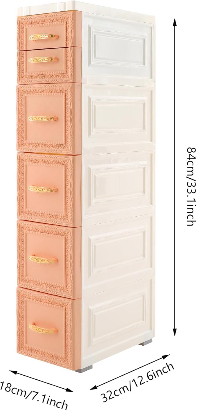 6 Drawers Narrow Plastic Bathroom Storage Cabinet with Wheels Slim Storage Organizer Vertical Storage Tower Container for Small Spaces, Bedroom, Bathroom, Laundry, Closet, Khaki