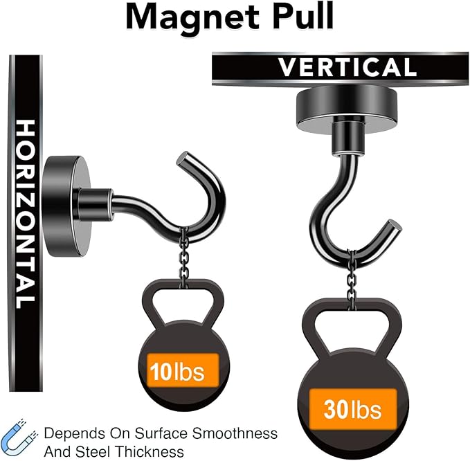MIKEDE Black Magnetic Hooks, 30Lbs Strong Magnets with Metal Hooks for Refrigerator, Super Cruise Hooks for Hanging, Magnetic Hanger for Cruise Ship, Kitchen, Workplace, Storage - Pack of 10