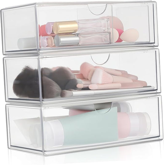 3pcs Makeup Organizer Box Brush Holder Cotton Swab Desk Storage Modern Design Acrylic Desk Accessory