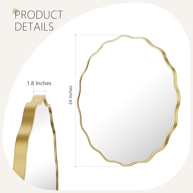Round Wavy Wall Mirror for Bathroom,24" Gold Circle Scalloped Wood Vanity Mirror Decorative for Bedroom Living Room Hallway Entryway Home Decor