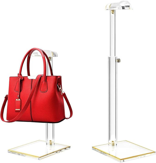 2Pcs Purse Display Stands, Height Adjustable10"-16"+14"-24", Acrylic Handbag Stands for Display, Clear Holder for Purse Evening Bag Clutch, Bag Table Rack, Purses Hanging Organizer for Closet Retail Vendor