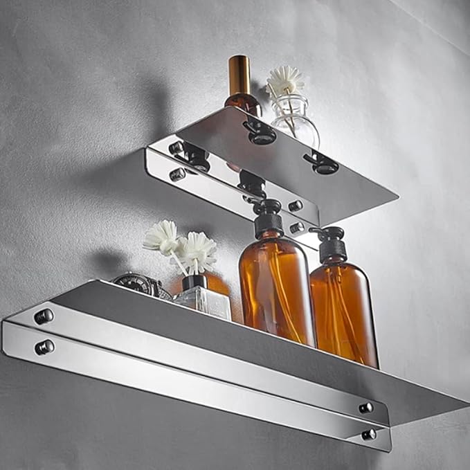 16Inch Stainless Steel Wall Mounted Floating Shelf Drilling or Shelf Adhesive Modern Room Decor Wall Shelf Floating Shelf for Bathroom Bedroom Decor