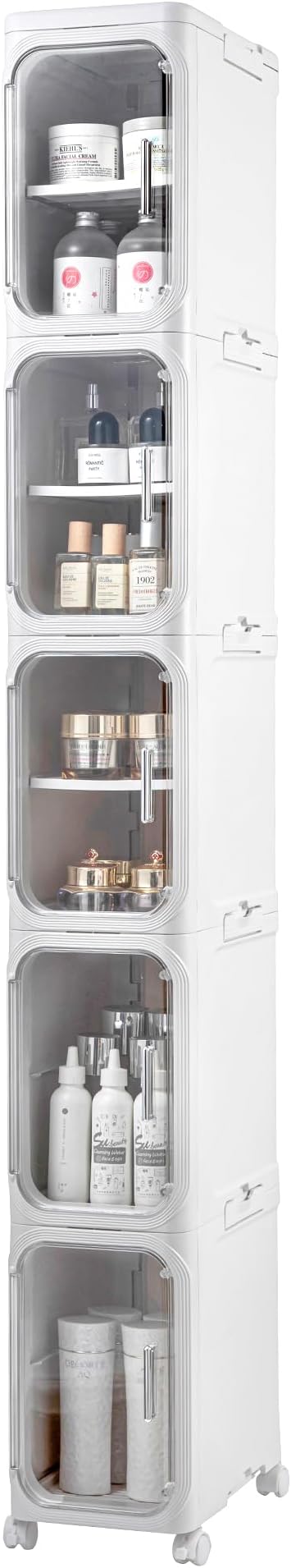 5-Tier Plastic Tall Narrow Storage Cabinet with Adjustable Shelves and Movable Wheels, Magnetic Doors, Slim Bathroom Storage Organizers for Small Space, Bathroom, Kitchen, White