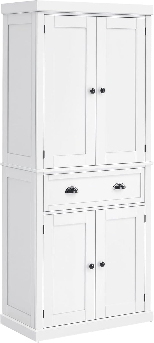 HOMCOM 72.5" Kitchen Pantry Cabinet, Traditional Freestanding Storage Cabinet with 4 Doors, Drawer and 3 Adjustable Shelves for Dining Room, White
