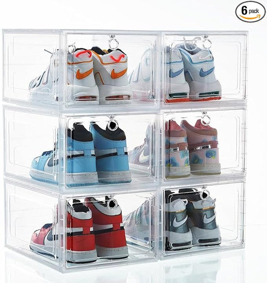 6-Pack Clear Shoe Box Containers with Air Ventilation & Magnetic Door | Stackable, Durable, Transparent Storage for Sneakers, Heels, Boots, Bags & Fits up to Maximum Size of US12 (White)