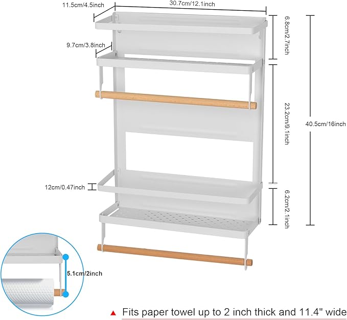 Garage Magnetic Rack Foldable, 2-in-1 Paper Towel Holder with Shelf, Garage Storage Organization, Heavy Duty Paper Towel Holder with 5 Removable Hooks for Tool Shed, Garage, Workbench, Kitchen