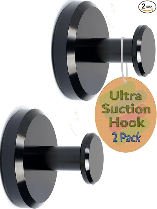 Suction Cup Hooks for Showers, Bathrooms, and Kitchens for Mounting on Smooth Tile, Glass Shower Doors, and Mirrors to Hang Loofah Sponges, Towels, Robes, and More, Black, 2 Pack