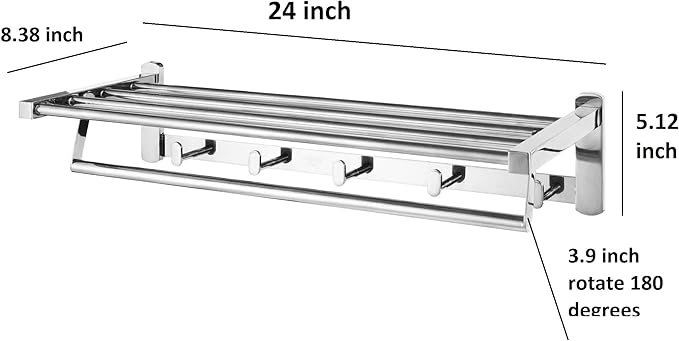 Roshan 6-Pieces Handcrafted and Hand Polished Multi Purpose Towel Rack, SUS304 Stainless Steel Rust Proof and Peel Resistant Towel Shelf, Includes 4 Handmade Hooks (6, Silver)