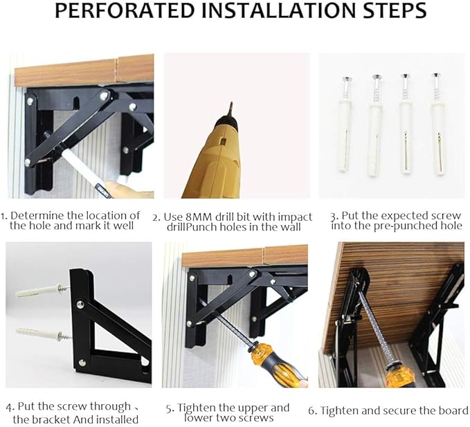 Storystore Folding Shelf Brackets - 8 Inch Heavy Duty Metal Collapsible Shelf Bracket for Bench Table, Shelf Hinge Wall Mounted Space Saving DIY Bracket, Max Load: 150 lb (4 PCS, Black)