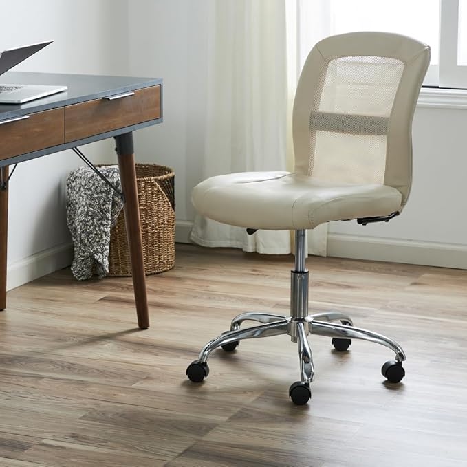 Serta Essential Armless Task Chair, Small Desk Chairs with Wheels, Breathable Mesh Back and Faux Leather, Quality Foam Cushion Seat for Comfort, Minimal Design for Vanity Table, Cream