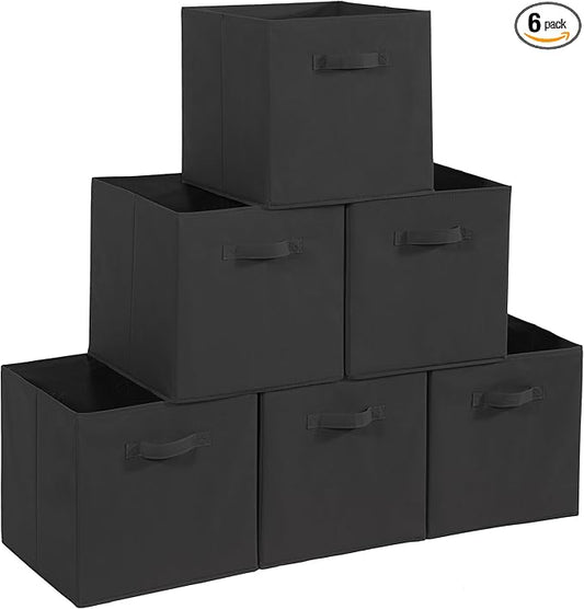 11x10.5 Storage Bins, Set of 6 Storage Cubes. Collapsible Cube Storage Bins, Fabric Closet Organizers with Handles for Home, Closet Shelf Cabinet, Bookcase, Black (11"x10.5"x10.5")