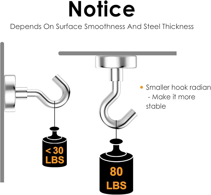 Magnetic Hooks Heavy Duty, 80 lbs Strong Hooks for Hanging, Magnet with Hook for Cruise, Grill, Fridge, Pack of 6, Silver