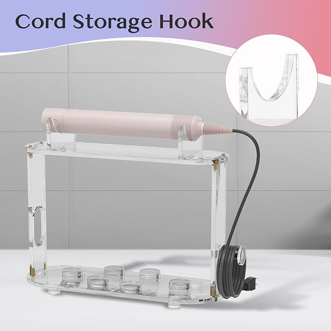 Upgraded 6-Hole Storage Holder for Shark FlexStyle - Acrylic Hairdryer Organizer with Cord Hanger, Compatible with Shark Diffuser, Curlers & Brushes Attachments for Bathroom Vanity and Hairsalon