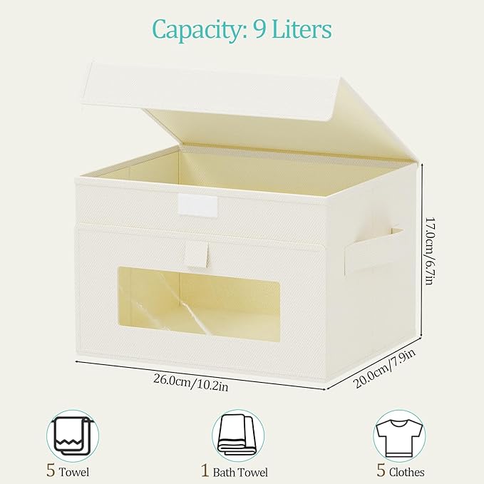 Storage Bins with Lids, Cube Organizer Basket with Window, Closet Boxes with Carrying 2 Handles and Sturdy PP Support Plate, 2 Pack, Beige, 10.2 x 7.9 x 6.7 In, XSNY17BES-2