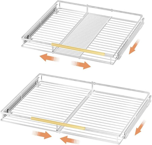SANNO Chrome Expandable Pull Out Kitchen Cabinet Organizer, 14"-25" Width, 22.24" Depth, 2.7" Height, 2 Shelves, Modern Style, Bottom-Mounted, Easy Install, Kitchen Use