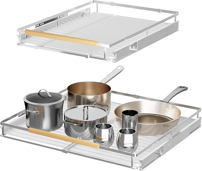 SANNO Expandable Pull Out Kitchen Cabinet Organizers and Storage, Cabinet Sliding Shelf Under Sink Shelf, Dish Drying Rack with Stainless Steel Utensil Holder Large Dish Rack Drainer