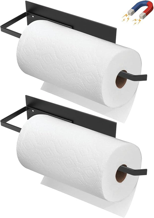 Paper Towel Holder Black, Toilet Paper Roll Holder Magnetic Towel Rack Wall Mount Fridge Organizer Shelf for Towels Rolls Bar Bathroom Toilet Pantry RV Essentials Kitchen Organizers and Storage 2 Pack