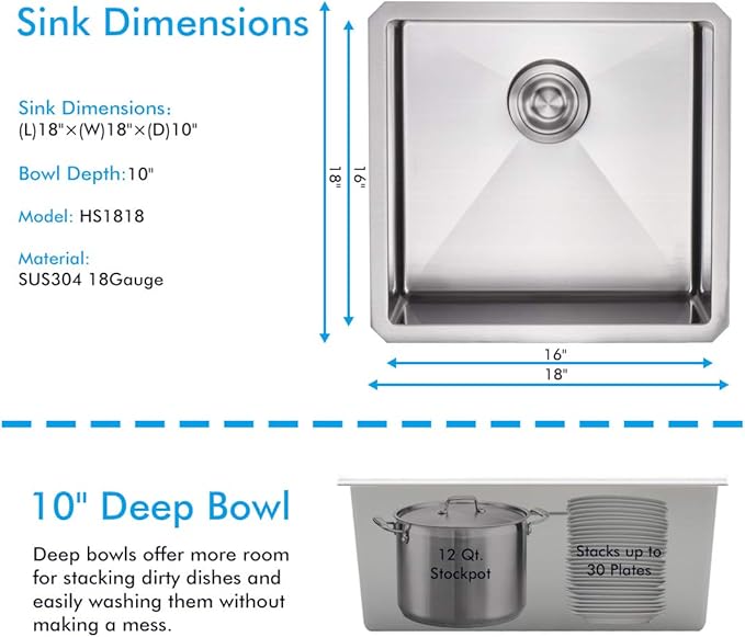 VADANIA Bar Prep Sink 18-inch, 18"x18"x10", Single Bowl, Undermount, 18 Gauge T304 Stainless Steel, Satin Finish, with Strainer & Bottom Grid, cUPC listed