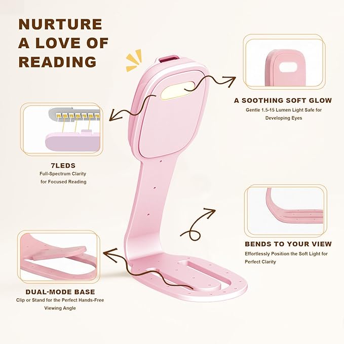 Rechargeable Kids Book Light, Cute Bookmark Reading Light for Kids, Dimmable Portable LED Book Light for Reading in Bed, Eye-Caring Bedtime Reading Lamp for Children & Travel, Light Pink