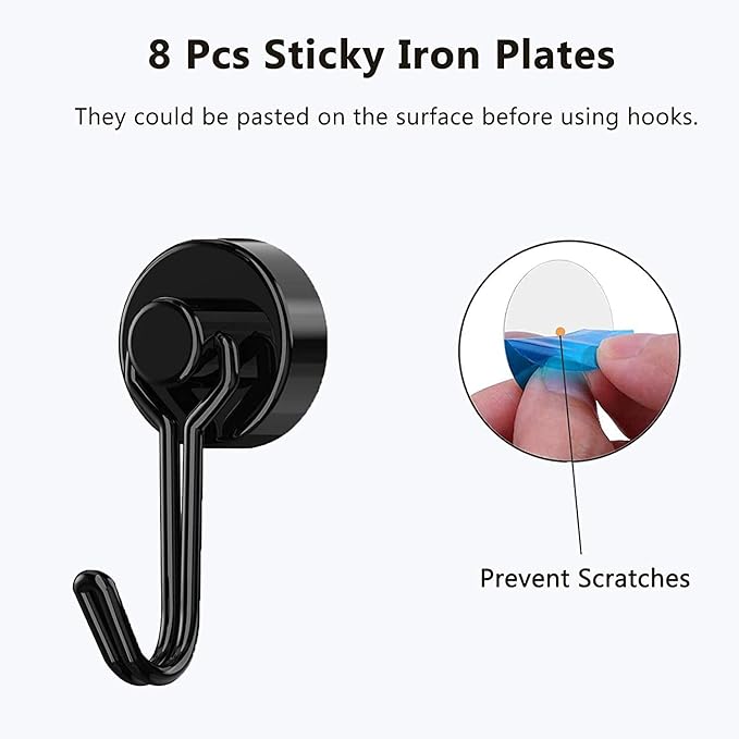 Donanim 8 Pack Magnetic Hooks, 30LBS Neodymium Strong Black Magnets Hook Heavy Duty for Indoor Outdoor Hanging, Refrigerator, Grill, Kitchen Kitchen Tools Hanging