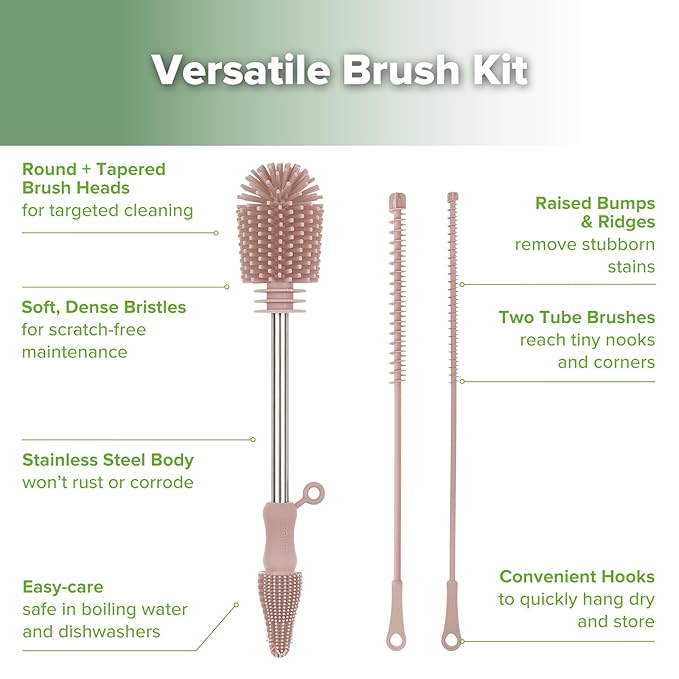 Silicone Cleaning Brush Kit - Baby Bottle Brush Cleaner for Breast Pump,Nipple,Breast Milk Storage Bag,Reusable Straw,Sippy Cup - Food Grade Silicone Bristles, Portable - 3 Pcs - Pink