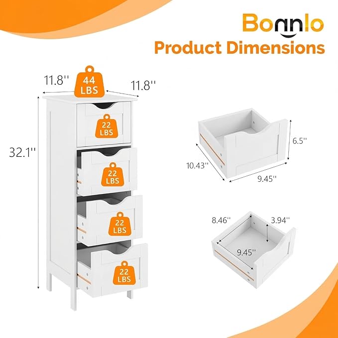 Bonnlo Bathroom Storage Cabinet Skinny Wooden Side Bathroom with 4 Drawers Small Free Standing Floor Cabinet White Slim 12 Inch Wide Organizer for Bedroom Living Room, 12 Inch Deep Narrow Organizer