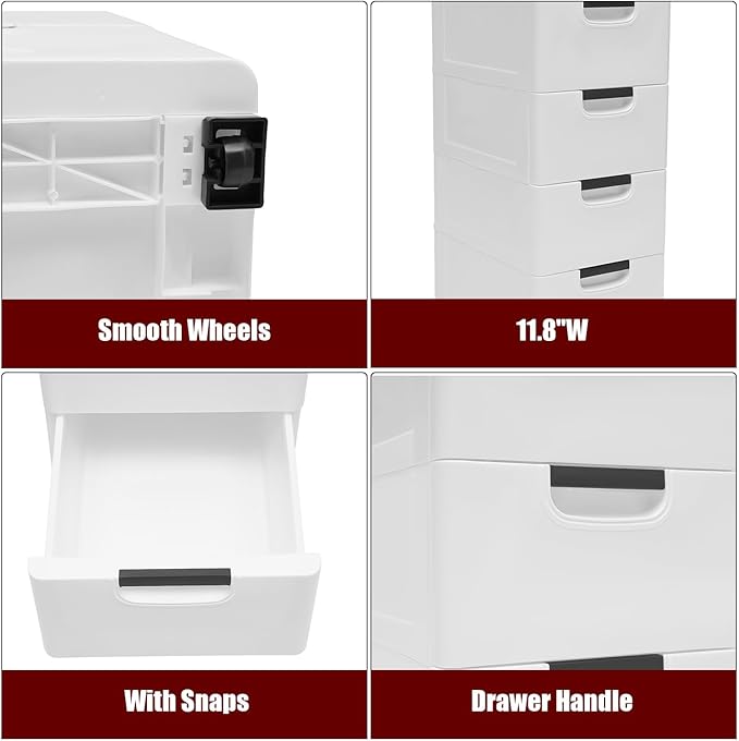 Plastic Drawers Dresser Storage Cabinet with Wheels,5 Drawer Stackable Vertical Clothes Storage Tower,Organizer Unit for Bathroom Entryway Bedroom Living Room,White