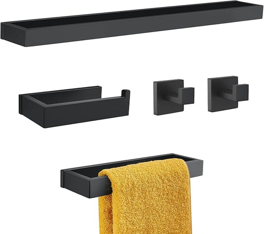 TNOMS Black Towel Bar Set, 5-Pieces Bathroom Hardware Set,23.6 Inch Towel Rack Set Stainless Steel Towel Holder Set Wall-Mounted Bathroom Accessories