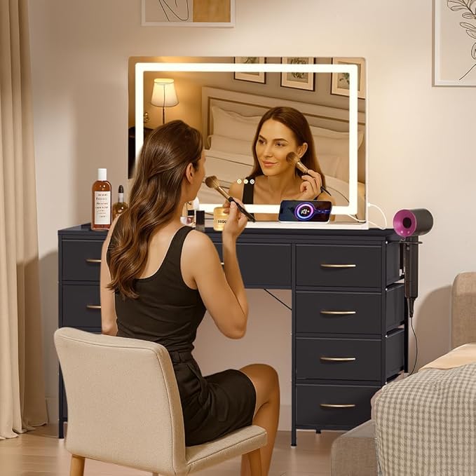 COMHOMA Vanity Desk with Large Mirror,LED and Power Outlet,Makeup Table with 9 Storage Drawersand HD Mirrors,3 Color Modes Adjustable Lighting for Bedroom Dressing Room (Black, 35inch)