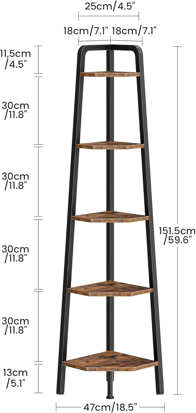 Corner Shelf, 5-Tier Ladder Corner Shelf, Ladder Bookshelf, 59.6" Tall Vertical Display Stand, Metal Frame Bookshelf, for Living Room, Bedroom, Kitchen, Rustic Brown and Black TCJ20BF