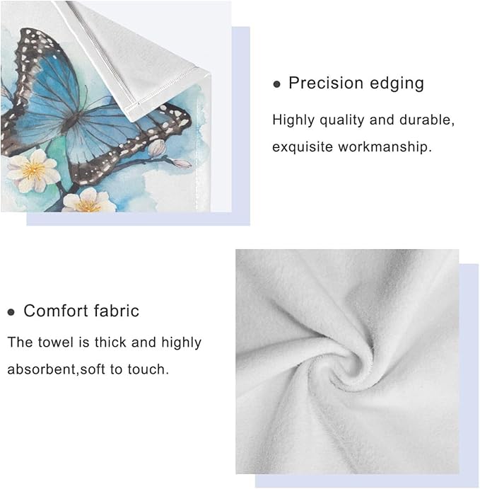 Blue Butterfly Bath Towels Set,Ultra Soft 3 Piece Watercolor Blossom Plum Branch Chic Floral Towels for Bathroom,1 Bath Towel 1 Hand Towel 1 Washcloth,Absorbent Decoractive Bathroom Towels