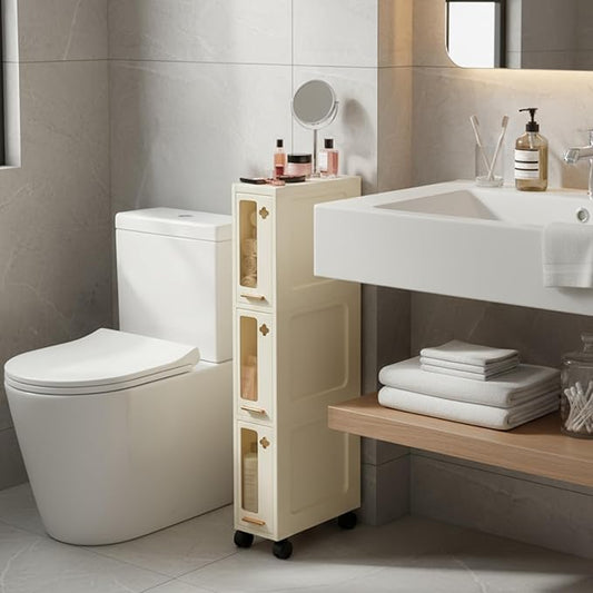 Weysat Narrow Bathroom Storage Cabinet with Wheels Slim Storage Organizer with Transparent Doors and Shelves for Small Space, Kitchen, Bathroom, Laundry Room(3 Tiers)