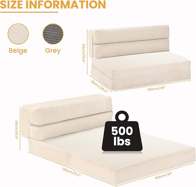 Folding Mattress Twin Size, 3 in 1 Convertible Sofa Bed Fold Out Couch Bed Floor Couch Lounge Sleeper Mattress for Living Room, Guest Room, High-Density Memory Foam 5'', Beige