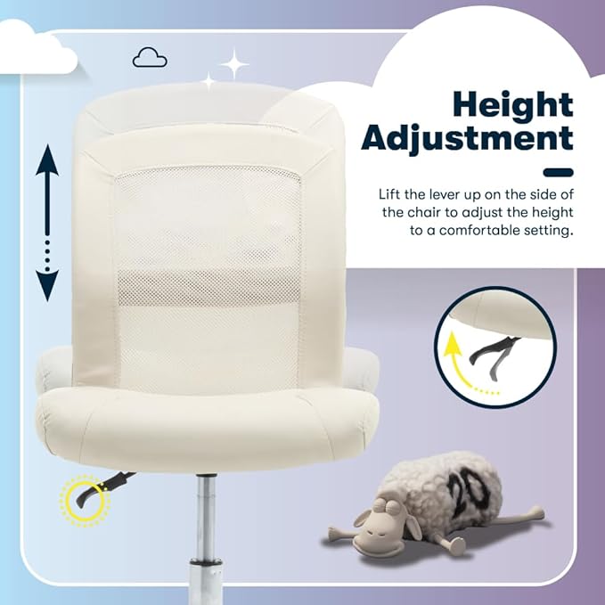 Serta Essential Armless Task Chair, Small Desk Chairs with Wheels, Breathable Mesh Back and Faux Leather, Quality Foam Cushion Seat for Comfort, Minimal Design for Vanity Table, Cream